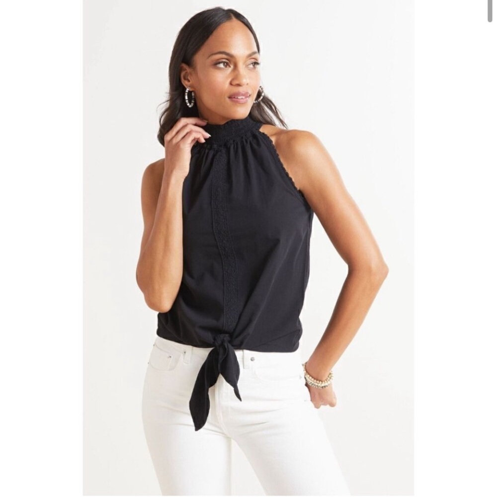 Red Haute Black Tie-Front Poplin Blouse Lace Detail